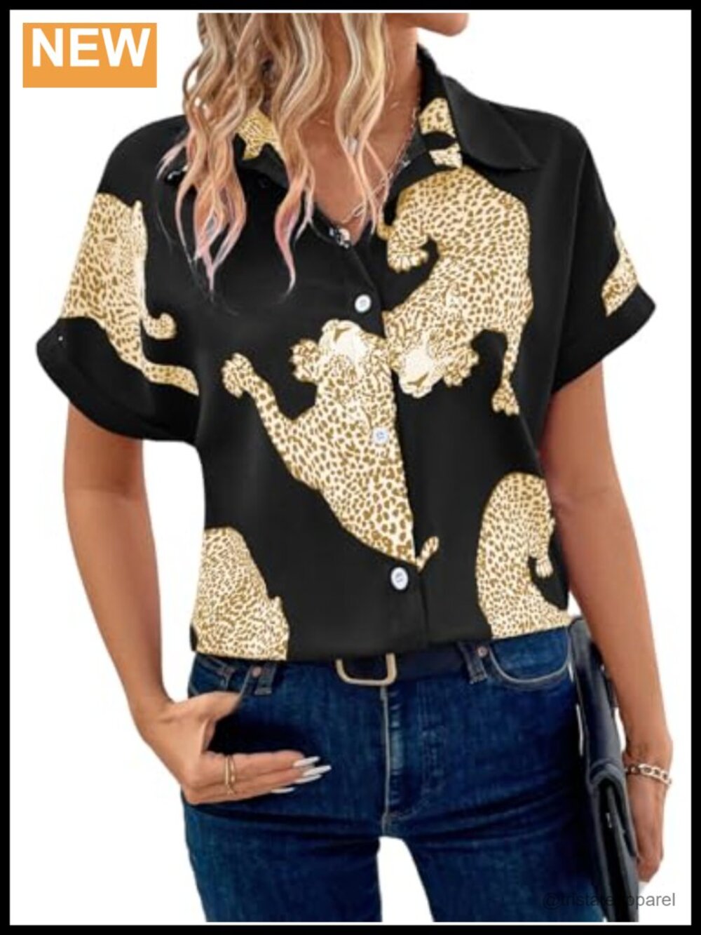 Leopard Print Button Down Blouse Short Sleeve Collared Casual Shirt Top